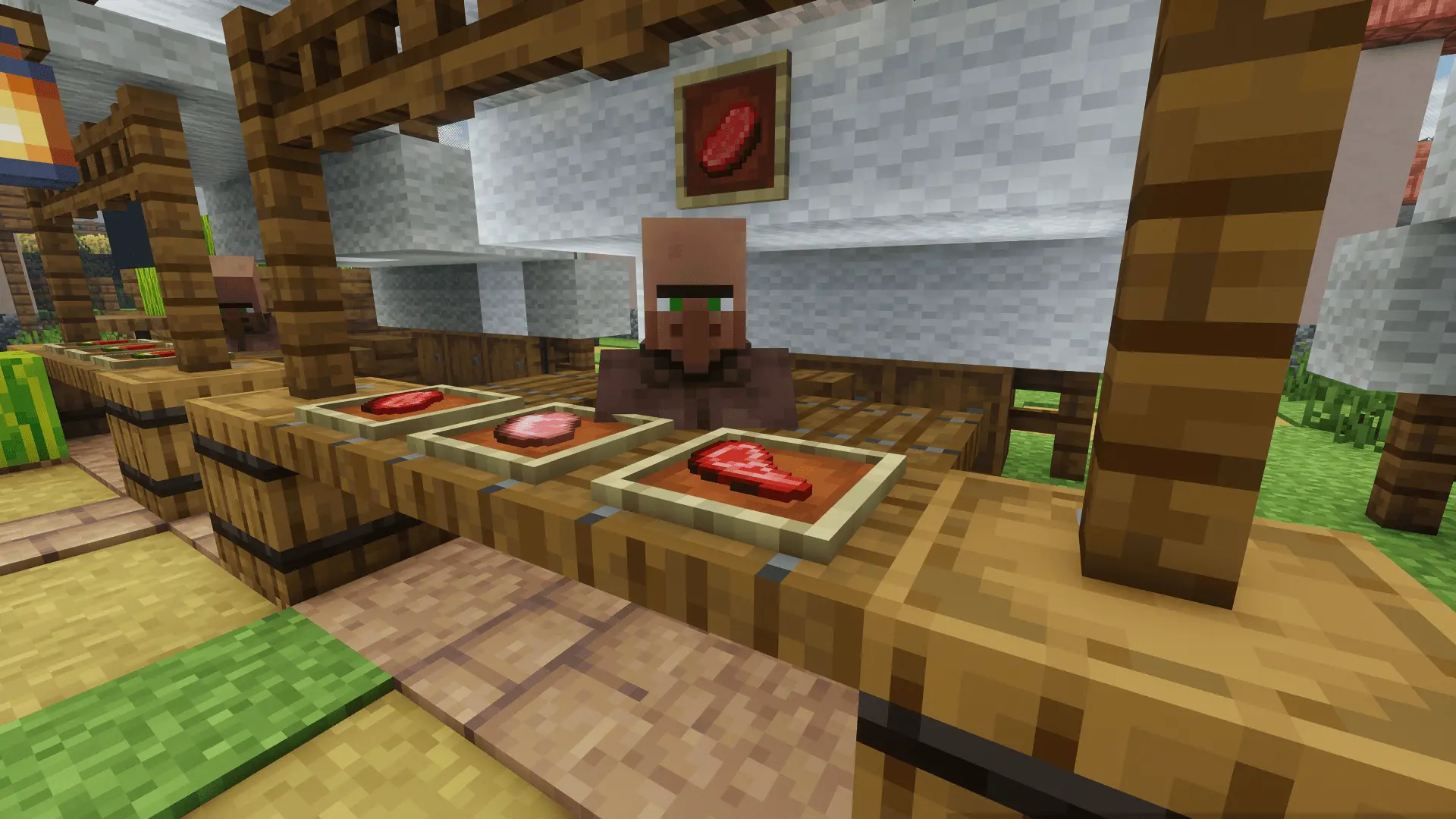 A close up of a butcher’s tent. He sells all kinds of meats: beef, pork, mutton