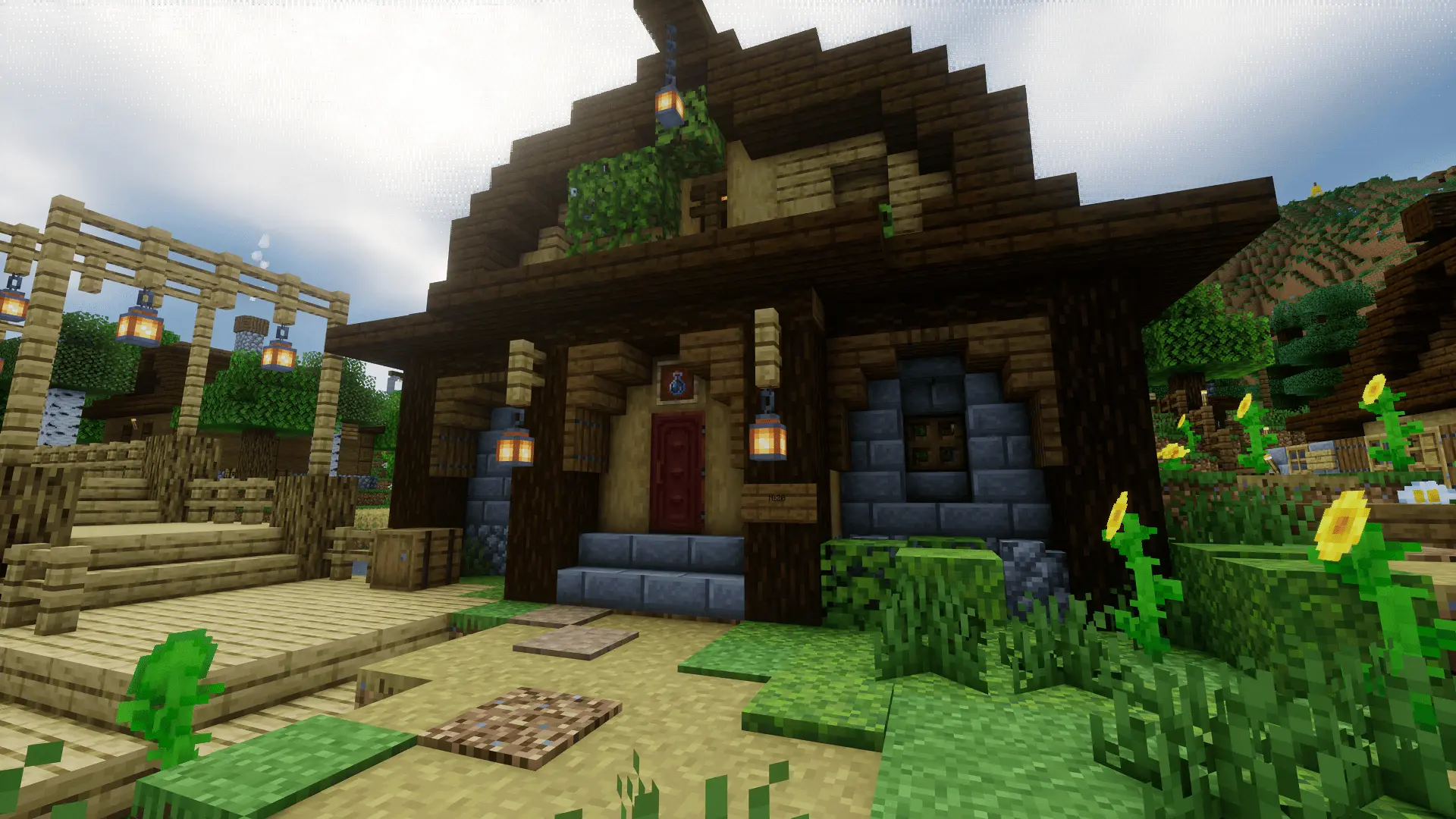 The inn is a neatly decorated two-story building with a stone foundation and wooden elements