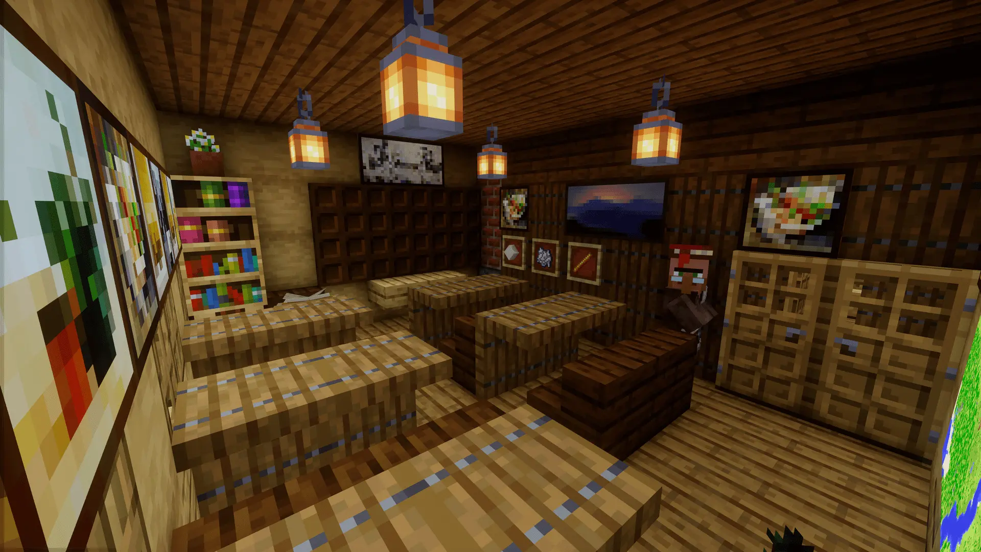 View from inside the classroom: there are several desks, a few bookshelves, a blackboard, and a map on the opposite wall. The teacher cleans the place up before the classes start