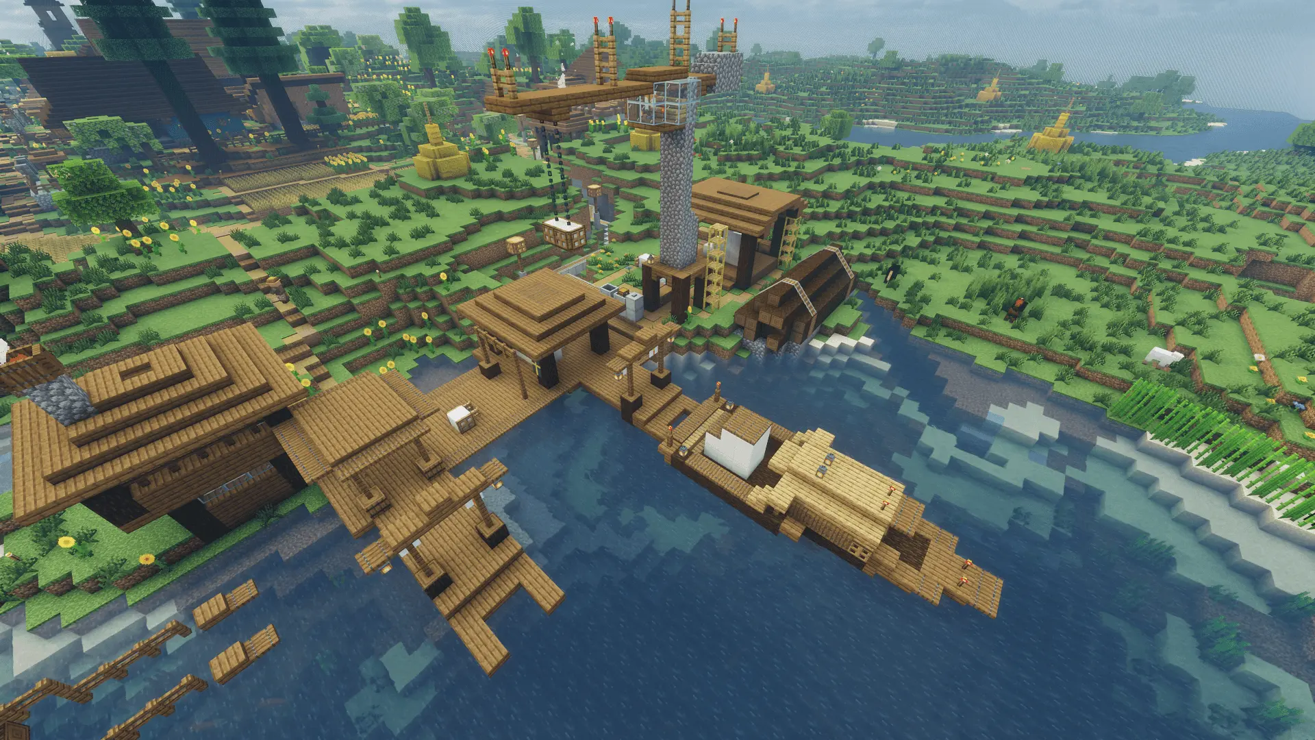 The harbor houses a boat and a crane to move heavy loads