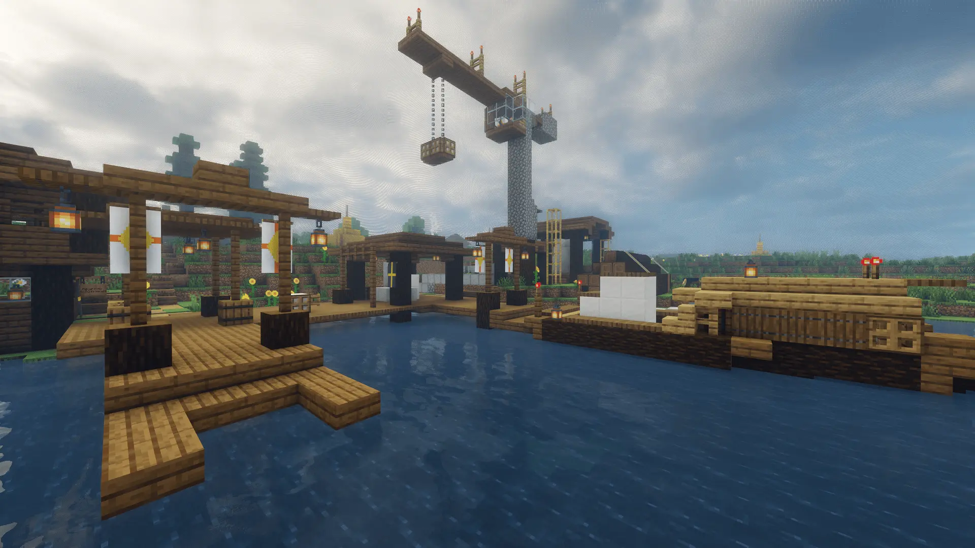 The harbor houses a boat and a crane to move heavy loads