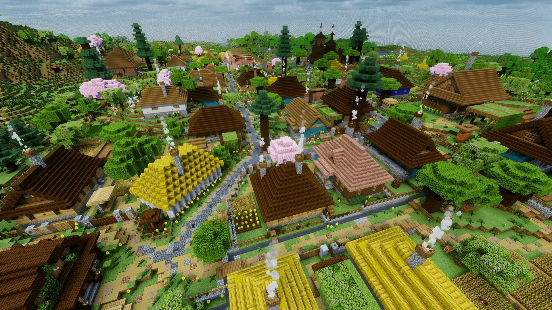A panoramic shot of all the different houses in Novoselytsia