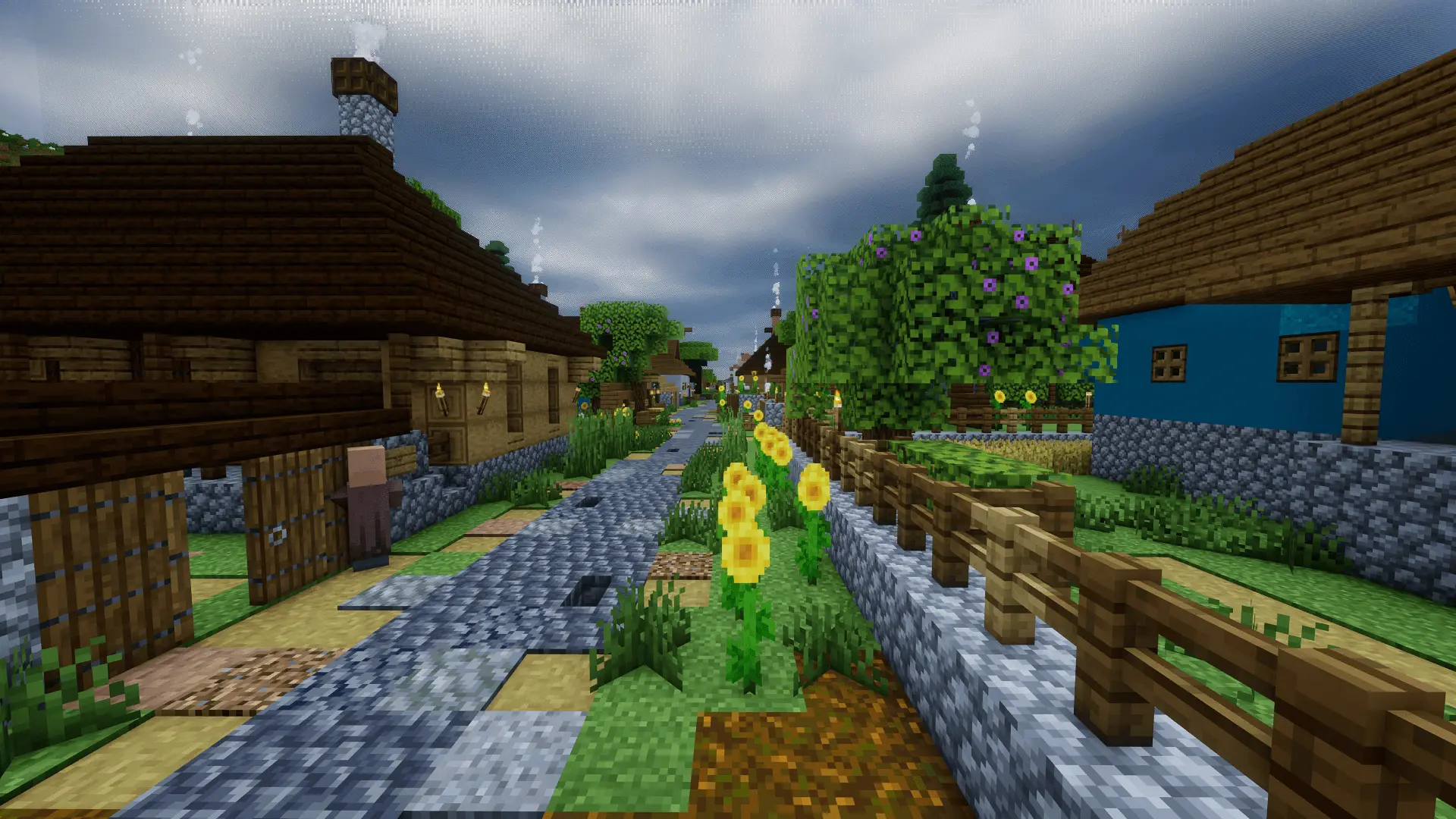 The main street is a long, well-trodden, cobblestone-covered path with sunflowers on the side